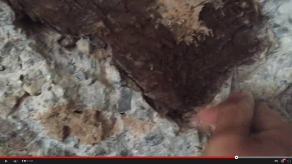 Bên trong phần bê tông của cầu xuất hiện lõi gỗ. Ảnh cắt từ clip của Hải Ninh Bên trong phần bê tông của cầu xuất hiện lõi gỗ. Ảnh cắt từ clip của Hải Ninh