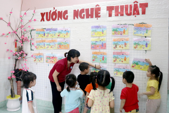 Cô Yến cùng học sinh nhận xét những bức tranh triển lãm Tết. Cô Yến cùng học sinh nhận xét những bức tranh triển lãm Tết.