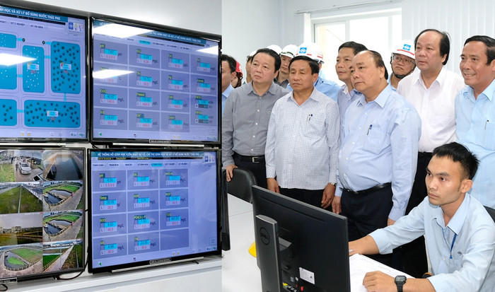 Thủ tướng kiểm tra phòng điều hành quản lý quan trắc sinh học và xử lý nước hồ nước thải tại khu công nghiệp. (Ảnh: VGP) Thủ tướng kiểm tra phòng điều hành quản lý quan trắc sinh học và xử lý nước hồ nước thải tại khu công nghiệp. (Ảnh: VGP)