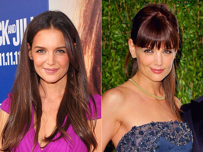 Katie Holme giản dị với tóc thẳng rẽ đôi và trẻ trung, tươi tắn với mái ngố