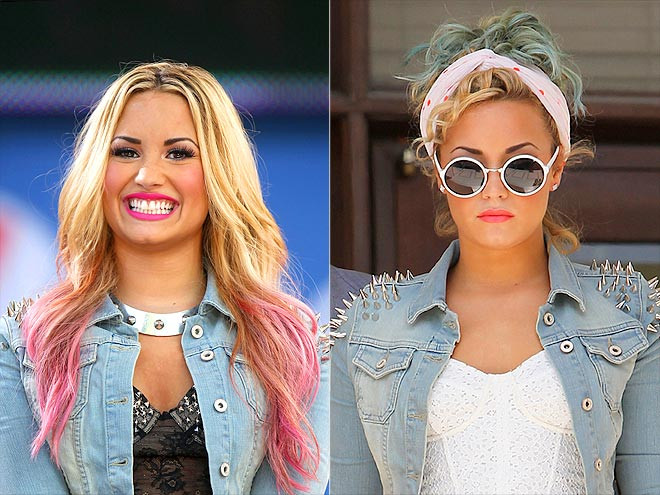 Kiểu tóc rẽ ngôi giữa nhuộm hồng ở đuôi khiến Demi trông mập và già hơn tuổi của mình. Tuy nhiên, khi buộc gọn lên(ảnh phải), trông gương mặt cô trẻ hơn rất nhiều