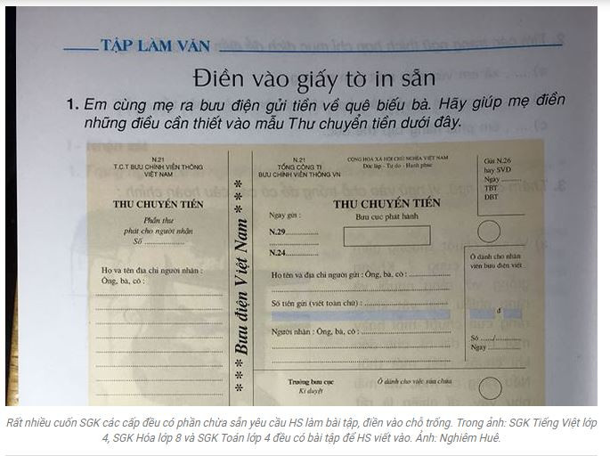 Ảnh chụp màn hình phản ánh của Báo Tiền Phong về phần bài tập có thể làm luôn vào sách giáo khoa Tiếng Việt lớp 4 do Giáo sư Nguyễn Minh Thuyết chủ biên. Ảnh chụp màn hình phản ánh của Báo Tiền Phong về phần bài tập có thể làm luôn vào sách giáo khoa Tiếng Việt lớp 4 do Giáo sư Nguyễn Minh Thuyết chủ biên.