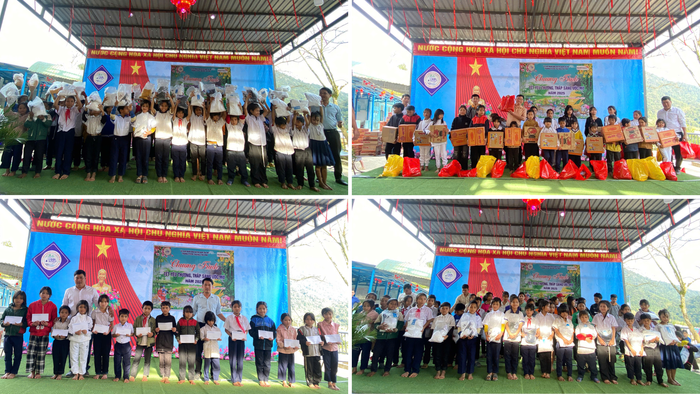 Thầy Điệp cùng các mạnh thường quân tổ chức bữa cơm tất niên và phát quà cho các em học sinh. Ảnh: NVCC Thiết kế chưa có tên (1).png