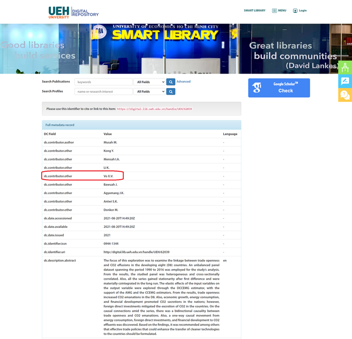 Bài báo "Trade openness and CO2 emanations: a heterogeneous analysis on the developing eight (D8) countries" có dữ liệu trên hệ thống thư viện online của Đại học kinh tế thành phố Hồ Chí Minh. Ảnh chụp màn hình screencapture-digital-lib-ueh-edu-vn-handle-UEH-62039-2024-05-09-20_10_25.png