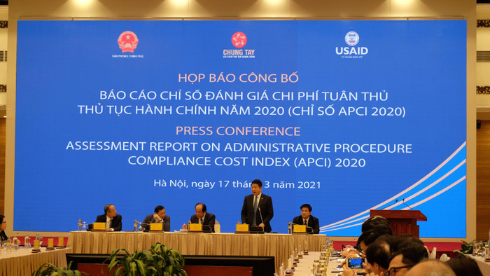 Toàn cảnh buổi họp báo Báo cáo chỉ số đánh giá chi phí tuân thủ thủ tục hành chính năm 2020. Ảnh: LC