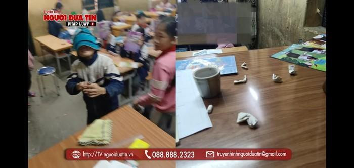 Hình ảnh được cho là ở lớp 5D trường Tiểu học Sài Sơn B trong giờ học của cô Tuất. Ảnh: Chụp màn hình từ phóng sự của Nguoiduatin.vn Hình ảnh được cho là ở lớp 5D trường Tiểu học Sài Sơn B trong giờ học của cô Tuất. Ảnh: Chụp màn hình từ phóng sự của Nguoiduatin.vn