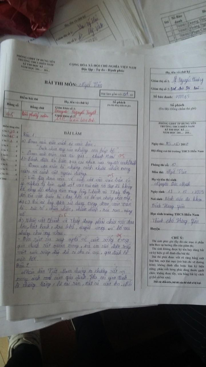 Bài kiểm tra ở trường Hiến Nam không rọc phách nhưng đã có điểm. Ảnh: NVCC Bài kiểm tra ở trường Hiến Nam không rọc phách nhưng đã có điểm. Ảnh: NVCC