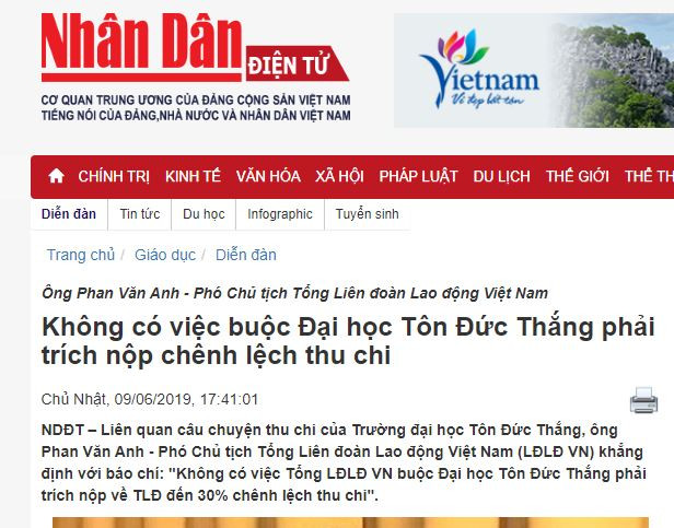 Ảnh chụp màn hình bài viết trên Báo Nhân Dân dẫn lời ông Phan Văn Anh - Phó chủ tịch Tổng liên đoàn Lao động Việt Nam khẳng định "không có việc Tổng liên đoàn Lao động Việt Nam buộc Đại học Tôn Đức Thắng phải trích nộp về Tổng liên đoàn đến 30% chênh lệch thu chi". Ảnh chụp màn hình bài viết trên Báo Nhân Dân dẫn lời ông Phan Văn Anh - Phó chủ tịch Tổng liên đoàn Lao động Việt Nam khẳng định "không có việc Tổng liên đoàn Lao động Việt Nam buộc Đại học Tôn Đức Thắng phải trích nộp về Tổng liên đoàn đến 30% chênh lệch thu chi".