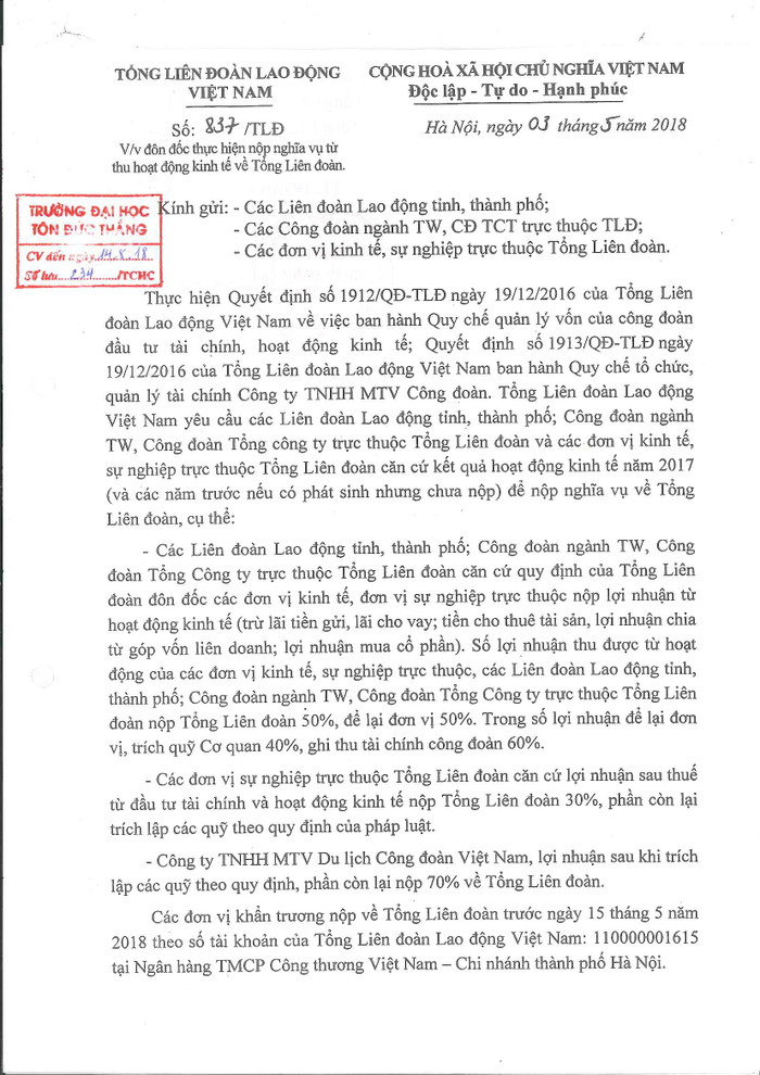Ảnh chụp trang 1 văn bản số 837/TLĐ của Tổng liên đoàn gửi Trường Đại học Tôn Đức Thắng về việc đôn đốc thực hiện nộp nghĩa vụ. Ảnh chụp trang 1 văn bản số 837/TLĐ của Tổng liên đoàn gửi Trường Đại học Tôn Đức Thắng về việc đôn đốc thực hiện nộp nghĩa vụ.