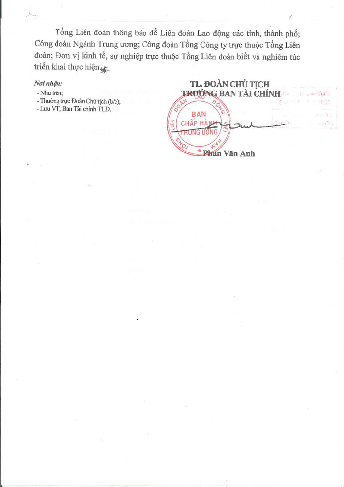 Ảnh chụp trang 2 văn bản 837/TLĐ của Tổng liên đoàn gửi Trường Đại học Tôn Đức Thắng, Trưởng ban Tài chính Phan Văn Anh thừa lệnh Đoàn chủ tịch ký. Ảnh chụp trang 2 văn bản 837/TLĐ của Tổng liên đoàn gửi Trường Đại học Tôn Đức Thắng, Trưởng ban Tài chính Phan Văn Anh thừa lệnh Đoàn chủ tịch ký.