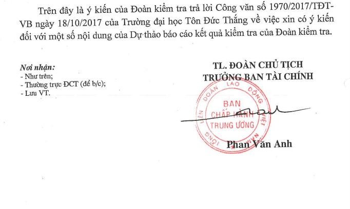 Ảnh chụp màn hình trang cuối văn bản số 1933/TLĐ ngày 29/11/2017 mà Trưởng ban Tài chính Phan Văn Anh "thừa lệnh Đoàn chủ tịch Tổng liên đoàn" ký, gửi Trường Đại học Tôn Đức Thắng. Ảnh chụp màn hình trang cuối văn bản số 1933/TLĐ ngày 29/11/2017 mà Trưởng ban Tài chính Phan Văn Anh "thừa lệnh Đoàn chủ tịch Tổng liên đoàn" ký, gửi Trường Đại học Tôn Đức Thắng.