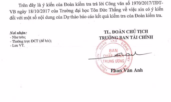 Ảnh chụp màn hình trang cuối văn bản số 1933/TLĐ ngày 29/11/2017 mà Trưởng ban Tài chính Phan Văn Anh "thừa lệnh Đoàn chủ tịch Tổng liên đoàn" ký, gửi Trường Đại học Tôn Đức Thắng.