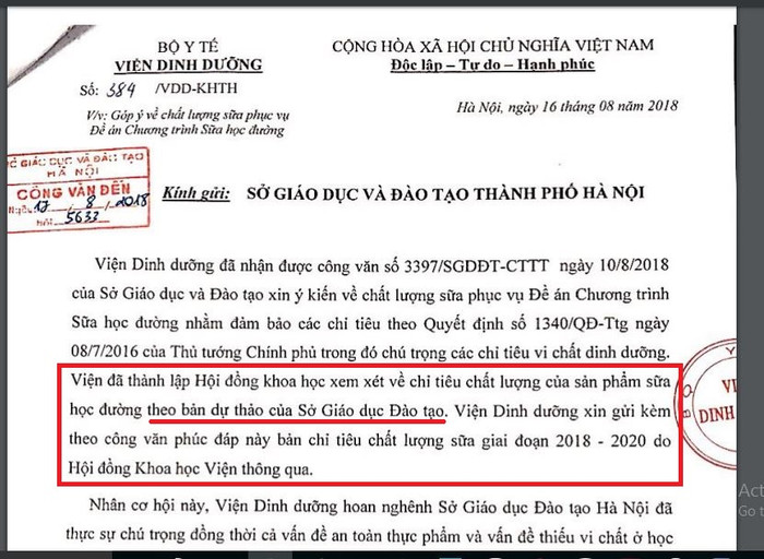Ảnh chụp màn hình văn bản Viện Dinh dưỡng trả lời Sở Giáo dục và Đào tạo Hà Nội khuyến nghị bổ sung 21 vi chất, trước ngày công bố hồ sơ mời thầu. Ảnh chụp màn hình văn bản Viện Dinh dưỡng trả lời Sở Giáo dục và Đào tạo Hà Nội khuyến nghị bổ sung 21 vi chất, trước ngày công bố hồ sơ mời thầu.