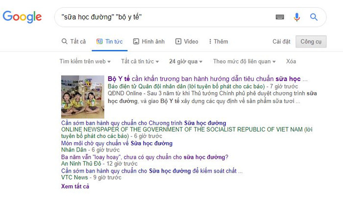 Ảnh chụp màn hình kết quả tìm kiếm tin tức trong 24 giờ bằng từ khóa "sữa học đường" "bộ y tế" trên Google. Ảnh chụp màn hình kết quả tìm kiếm tin tức trong 24 giờ bằng từ khóa "sữa học đường" "bộ y tế" trên Google.