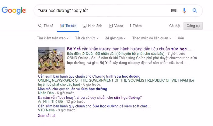 Ảnh chụp màn hình kết quả tìm kiếm tin tức trong 24 giờ bằng từ khóa "sữa học đường" "bộ y tế" trên Google. Ảnh chụp màn hình kết quả tìm kiếm tin tức trong 24 giờ bằng từ khóa "sữa học đường" "bộ y tế" trên Google.