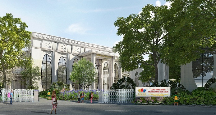 Ảnh đồ họa không gian bên ngoài Cung Năng khiếu - Trường Mầm non Năng khiếu Louis.