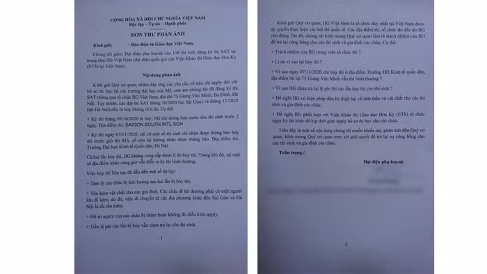 Đơn phán ánh của phụ huynh gửi tới Tạp chí điện tử Giáo dục Việt Nam. Ảnh: Đình Hùng