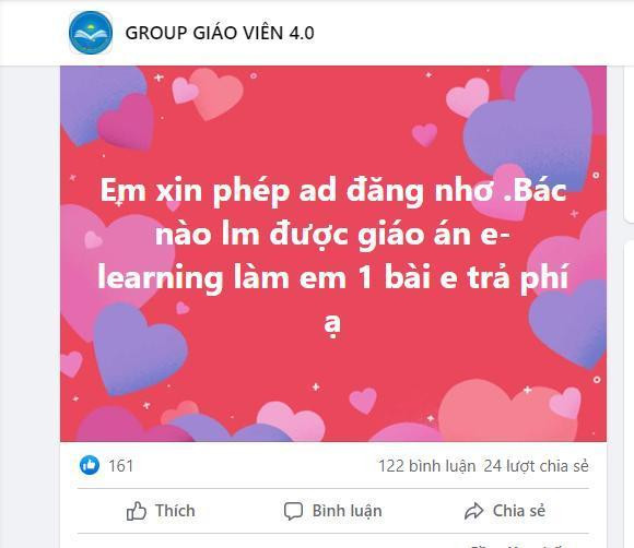 Giáo viên rao mua bài giảng e-Learning trên mạng xã hội. (Ảnh chụp màn hình)