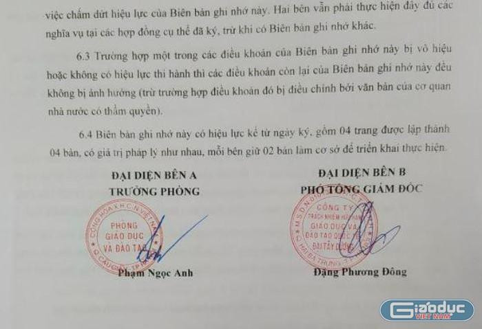Ảnh chụp tư liệu biên bản ghi nhớ giữa Phòng Giáo dục và Đào tạo Cầu Giấy với Công ty TNHH Giáo dục và Đào tạo Quốc tế Đại Tây Dương.