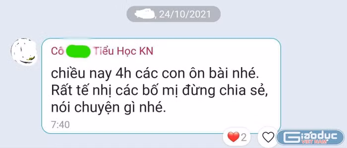 Tin nhắn thông báo học thêm của cô giáo chủ nhiệm gửi cho phụ huynh kèm "lưu ý" các bố mẹ đừng chia sẻ. Ảnh: Phụ huynh cung cấp.
