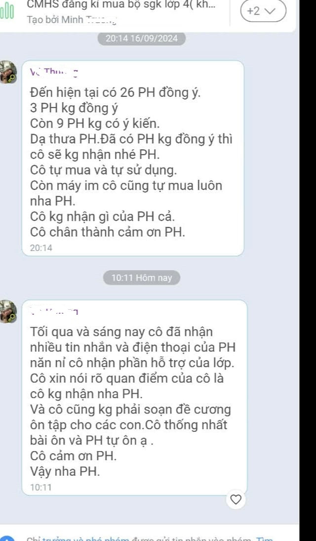 Tin nhắn mà cô H. gửi trong nhóm zalo của lớp từ tối ngày 16 đến sáng ngày 17/9/2024 (ảnh: Bạn đọc cung cấp) tinnhan43chuongduongb-9897.jpg