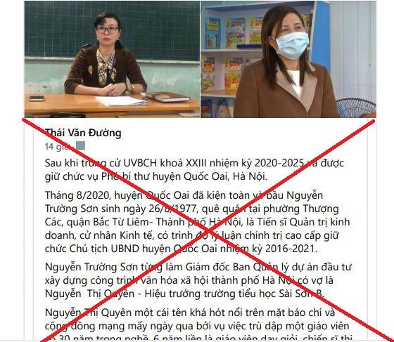 Ảnh chụp màn hình một phần nội dung thông tin giật gân, xuyên tạc ảnh hưởng đến uy tín, danh dự của Chủ tịch Ủy ban nhân dân huyện Quốc Oai và Hiệu trưởng Trường Tiểu học Sài Sơn B.