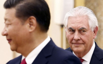 Chủ tịch Trung Quốc Tập Cận Bình và Ngoại trưởng Mỹ Rex Tillerson tại Đại lễ đường Nhân Dân, ảnh: SCMP.