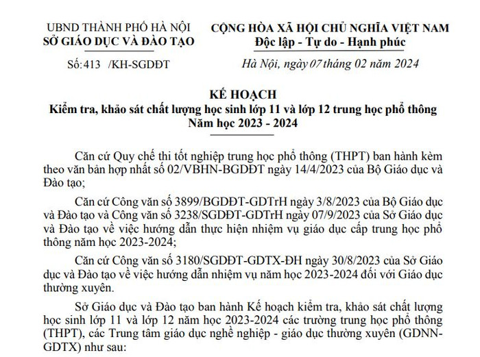 Thời gian thi khảo sát lớp 12 được Sở Giáo dục và Đào tạo Hà Nội kí ban hành ngày 7/2/2024 kế hoạch.JPG
