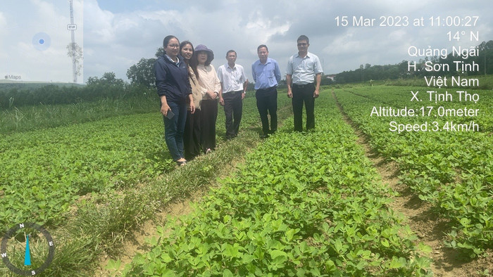 Mô hình sản xuất rau hữu cơ tại huyện Phú Lộc, tỉnh Thừa Thiên Huế và mô hình sản xuất lạc theo tiêu chuẩn VietGAP tại huyện Sơn Tịnh, tỉnh Quảng Ngãi do Giáo sư Hoàng Thị Thái Hòa chủ trì. Ảnh chụp Giáo sư Hoàng Thị Thái Hòa (đội mũ) cùng các cộng sự. Ảnh: NVCC 3cefe5357729db778238.jpg