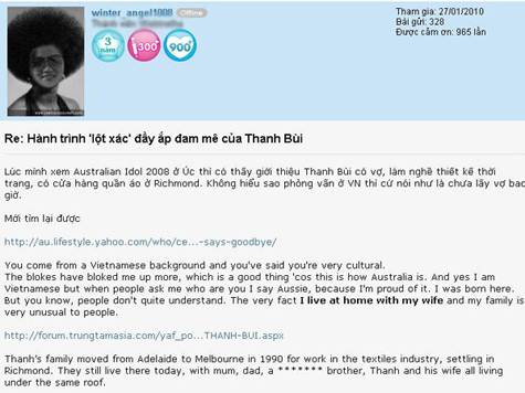 Cư dân mạng dẫn lại bằng chứng Thanh Bùi trả lời đã có vợ trên một diễn đàn Cư dân mạng dẫn lại bằng chứng Thanh Bùi trả lời đã có vợ trên một diễn đàn