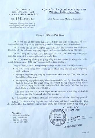 Thông báo gây bức xúc cho các doanh nghiệp của Điện lực Bình Dương.