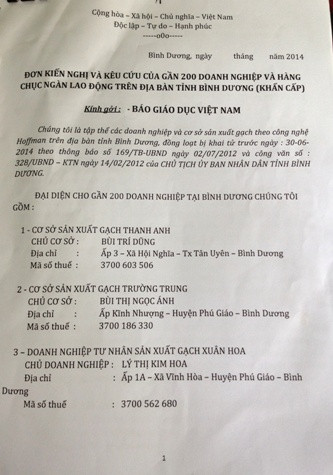 Đại diện gần 200 doanh nghiệp, cơ sở sản xuất gạch theo công nghệ Hoffman gửi đơn kêu cứu đến Báo Giáo dục Việt Nam. Đại diện gần 200 doanh nghiệp, cơ sở sản xuất gạch theo công nghệ Hoffman gửi đơn kêu cứu đến Báo Giáo dục Việt Nam.