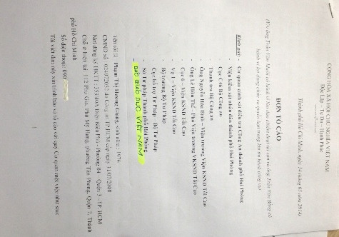 Đơn tố cáo của bà Phạm Thị Hương Giang gửi đến Tòa soạn Báo điện tử Giáo dục Việt Nam.