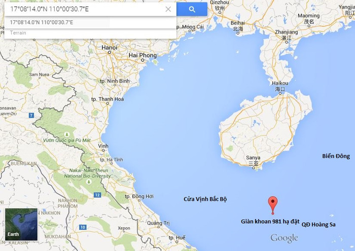 Đánh dấu trên bản đồ của Google vị trí giàn khoan 981 Trung Quốc hạ đặt năm nay theo tọa độ Cục Hải sự nước này công bố 17°08′14″.0N/110°00′30″.7E Đánh dấu trên bản đồ của Google vị trí giàn khoan 981 Trung Quốc hạ đặt năm nay theo tọa độ Cục Hải sự nước này công bố 17°08′14″.0N/110°00′30″.7E