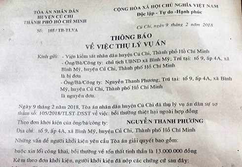 Thông báo về việc thụ lý vụ án. (Ảnh: H.L) Thông báo về việc thụ lý vụ án. (Ảnh: H.L)