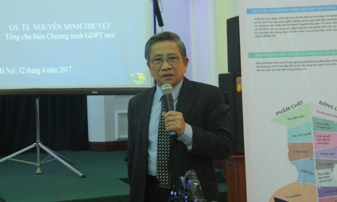 Giáo sư Nguyễn Minh Thuyết giới thiệu chân dung người học sinh mới trong chương trình giáo dục phổ thông tổng thể, trên cương vị Tổng chủ biên. Ảnh: VA / dangcongsan.vn.