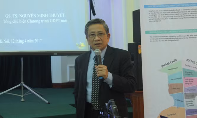 Giáo sư Nguyễn Minh Thuyết giới thiệu chân dung người học sinh mới trong chương trình giáo dục phổ thông tổng thể, trên cương vị Tổng chủ biên. Ảnh: VA / dangcongsan.vn.