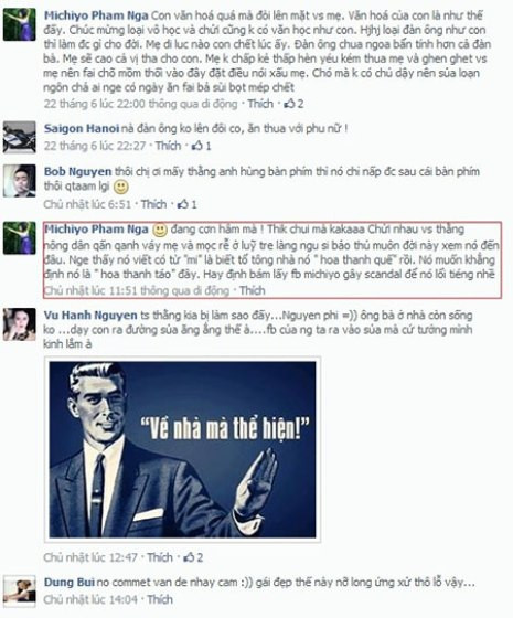 Trong cuộc tranh luận Michiyo Phạm Ngà đã dùng rất nhiều lời lẽ xúc phạm thể hiện rõ sự "miệt thị" vùng miền