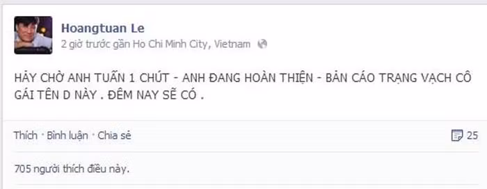 Những dòng status sau đó ông bầu Hoàng Tuấn chia sẻ đang tìm cáo trạng để vạch tội cô gái D