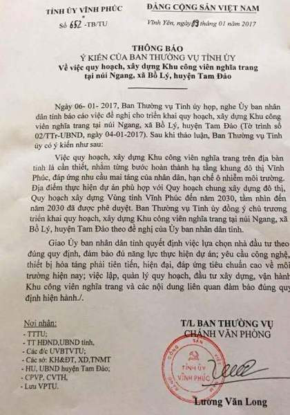 Chỉ vỏn vẹn sau 02 ngày có Tờ trình, Thường trực Tỉnh ủy Vĩnh Phúc đã thông qua dự án. Chỉ vỏn vẹn sau 02 ngày có Tờ trình, Thường trực Tỉnh ủy Vĩnh Phúc đã thông qua dự án.