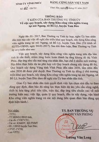 Chỉ sau 02 ngày trình dự án, Tỉnh ủy Vĩnh Phúc đã thông qua dự án trước sự ngỡ ngàng của người dân.