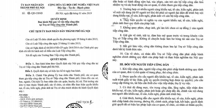 Văn bản của Ủy ban nhân dân thành phố Hà Nội ghi rõ việc "Không quay phim, chụp ảnh, ghi âm khi chưa có sự đồng ý của người tiếp công dân". Văn bản của Ủy ban nhân dân thành phố Hà Nội ghi rõ việc "Không quay phim, chụp ảnh, ghi âm khi chưa có sự đồng ý của người tiếp công dân".