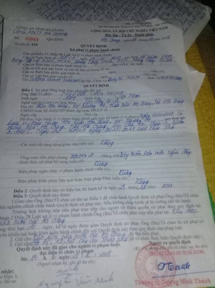 Biên bản phạt hành chính của anh Nguyễn Văn Minh. (Ảnh: NVCC)