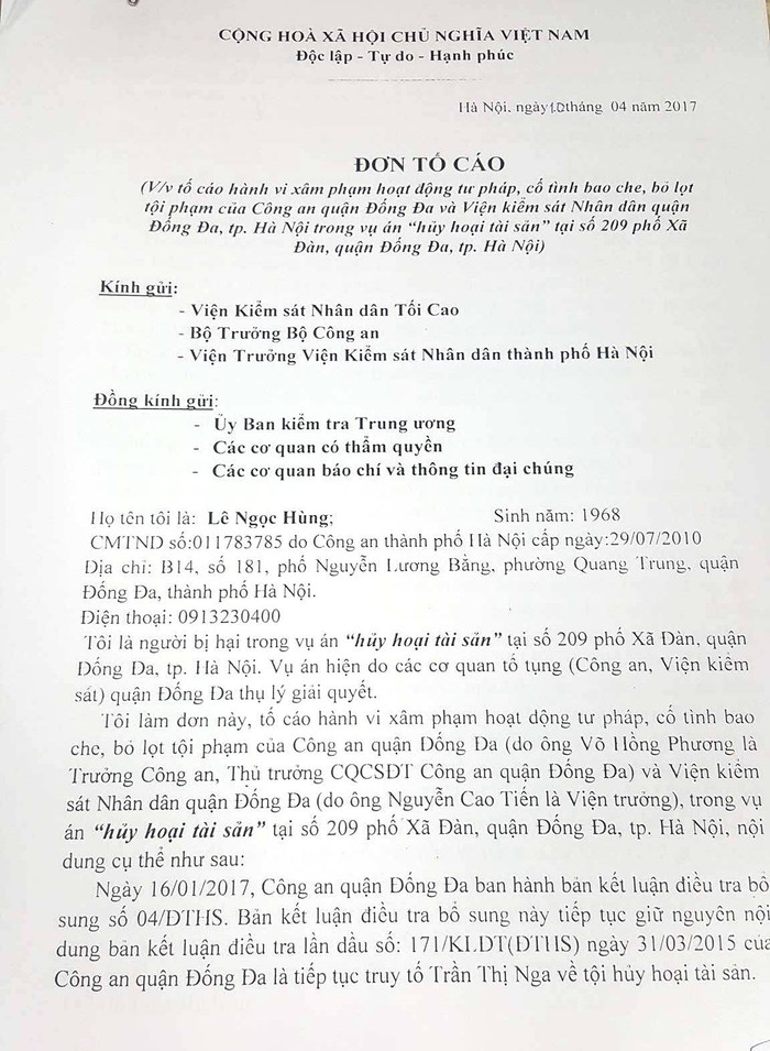 Đơn tố cáo của ông Lê Ngọc Hùng gửi đến Viện Kiểm sát nhân dân tối cao và nhiều cơ quan chức năng. Đơn tố cáo của ông Lê Ngọc Hùng gửi đến Viện Kiểm sát nhân dân tối cao và nhiều cơ quan chức năng.