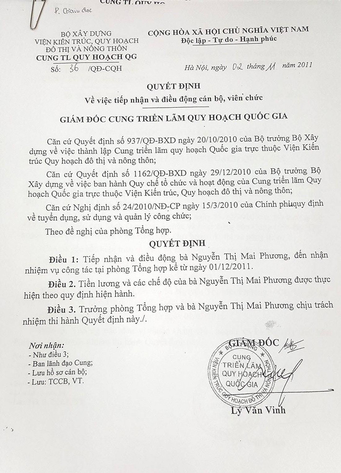 Từ ngày 01/12/2011, bà Nguyễn Thị Mai Phương được nhận về làm việc tại Phòng Tổng hợp, Cung Triển lãm Quy hoạch Quốc gia. Từ ngày 01/12/2011, bà Nguyễn Thị Mai Phương được nhận về làm việc tại Phòng Tổng hợp, Cung Triển lãm Quy hoạch Quốc gia.