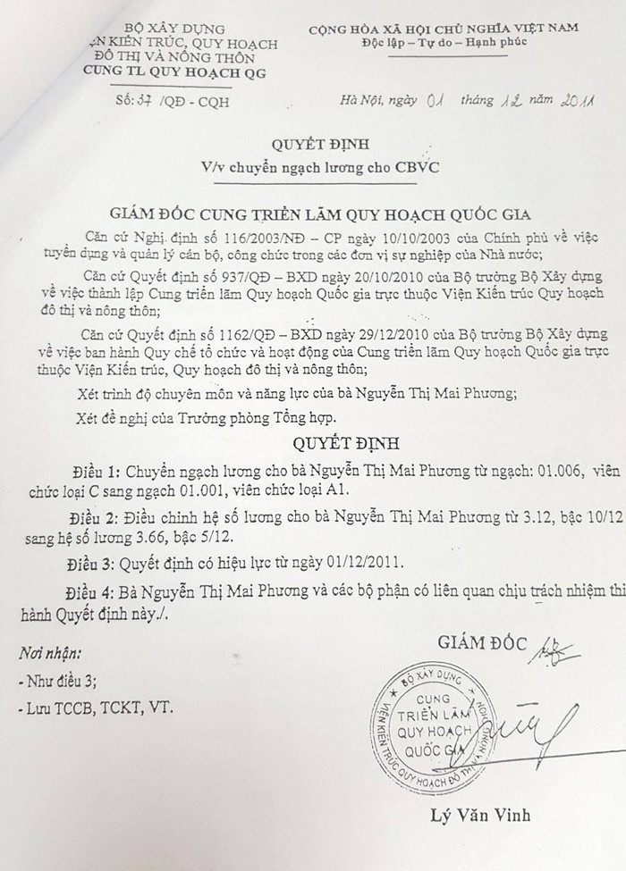 Mới về cơ quan đúng 1 ngày nhưng bà Mai Phương đã được nâng lương. (Văn bản phô tô này do chính bà Phương cung cấp) Mới về cơ quan đúng 1 ngày nhưng bà Mai Phương đã được nâng lương. (Văn bản phô tô này do chính bà Phương cung cấp)