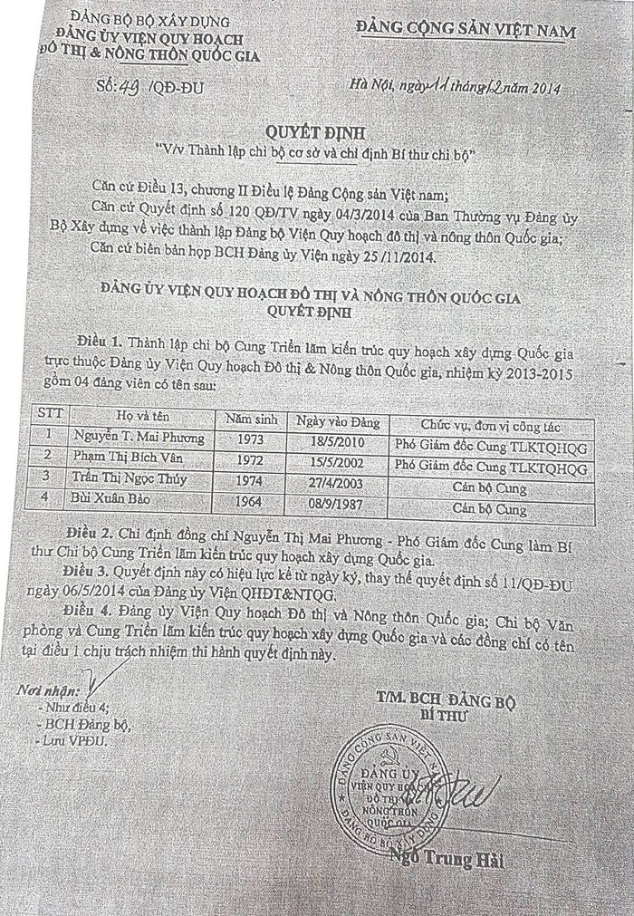 Tháng 12/2014, bà Nguyễn Thị Mai Phương được chỉ định làm Bí thư Chi bộ Cung Triển lãm Kiến trúc quy hoạch Quốc gia. Tháng 12/2014, bà Nguyễn Thị Mai Phương được chỉ định làm Bí thư Chi bộ Cung Triển lãm Kiến trúc quy hoạch Quốc gia.