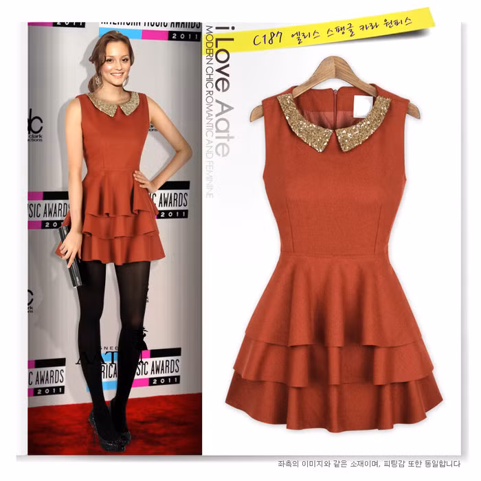 Thêm một mẫu thiết kế cổ Peter Pan ấn tượng, phần chân váy xếp ly bồng cũng tạo cho người mặc thêm trẻ trung và đáng yêu.