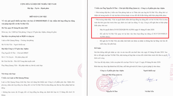 Biên bản làm việc của bà Vũ Hải Yến và Công ty cổ phần giáo dục Alpha. Ảnh chụp màn hình.
