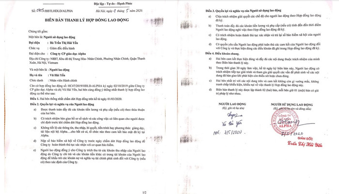 Nghỉ việc từ ngày 01/03 nhưng đến ngày 07/05/2020 bà Yến mới nhận được biên bản thanh lý hợp đồng lao động. Ảnh chụp màn hình.